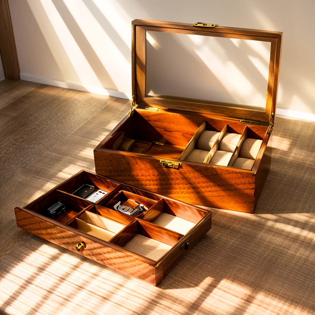 In this cozy room,A ray of sunlight shone through the half-drawn curtains on the table,Let the wood grain on the watch storage box shine with a faint luster。There was a calm and peaceful atmosphere in the air around them。There are several still lifes hanging on the walls of the room,It adds a touch of elegance to the space。And on the other side of the room,The half-open window lets in the breeze,The pages on the small desk by the window turned in the wind,This quiet scene gives a sense of tranquility and comfort。Soft sunlight falls on the box,Make its surface appear faintly shadowed。These shades make the texture of the box richer,More three-dimensional。The shadow of the box contrasts sharply with its surroundings,It also shows the delicacy and texture of the watch storage box。