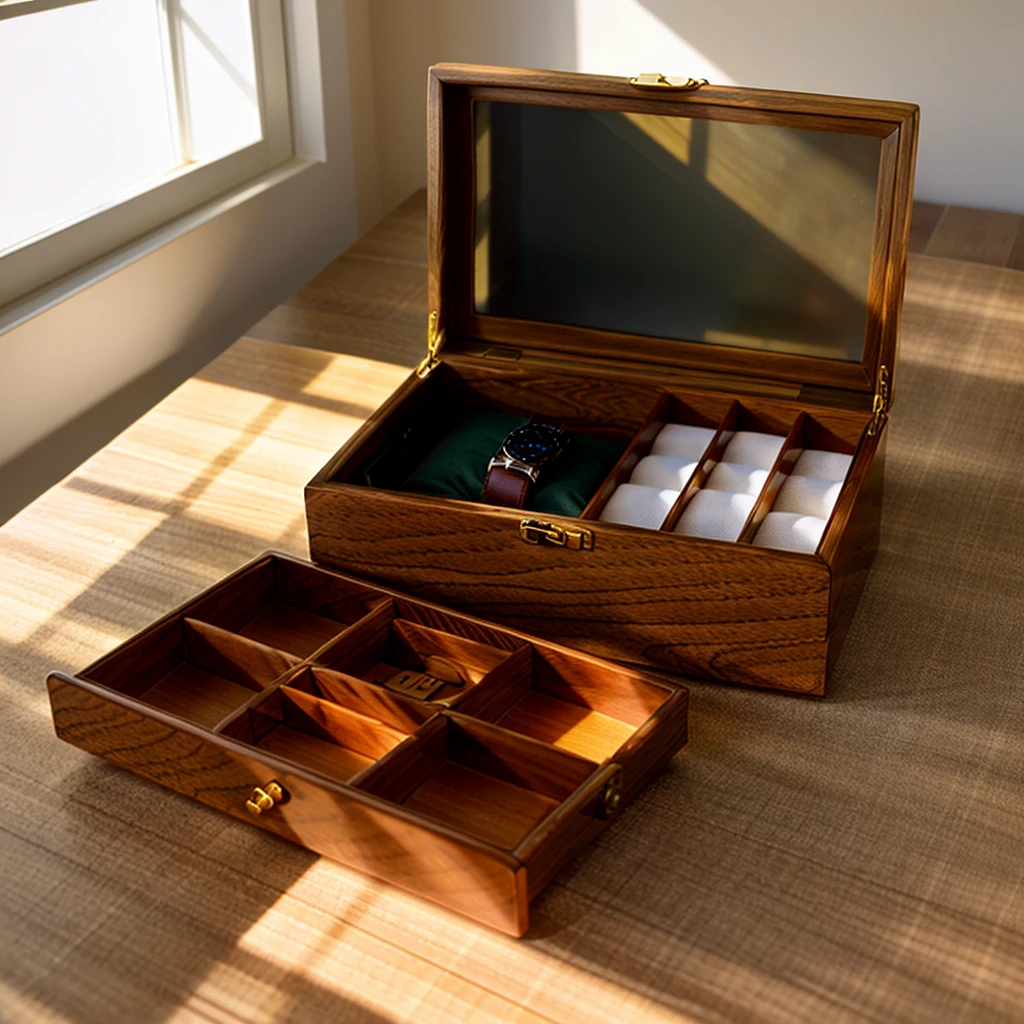 In this cozy room，A ray of sunlight shone through the half-drawn curtains on the table，Let the wood grain on the watch storage box shine with a faint luster。There was a calm and peaceful atmosphere in the air around them。There are several still lifes hanging on the walls of the room，It adds a touch of elegance to the space。And on the other side of the room，The half-open window lets in the breeze，The pages on the small desk by the window turned in the wind，This quiet scene gives a sense of tranquility and comfort。Soft sunlight falls on the box，Make its surface appear faintly shadowed。These shades make the texture of the box richer，More three-dimensional。The shadow of the box contrasts sharply with its surroundings，It also shows the delicacy and texture of the watch storage box。