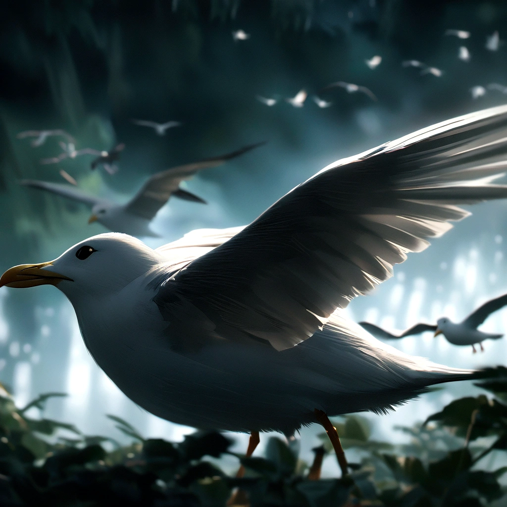 Seagull , beautiful, stunning realistic photograph, Focus, High Detail, high quality, Faster than the speed of light , 8K, Movie, , complex, Volumetric Lighting, beautiful, Blur jungle background,