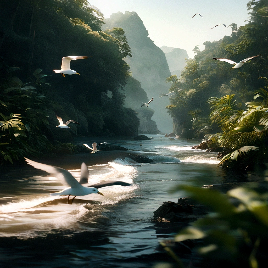 Seagull , beautiful, stunning realistic photograph, Focus, High Detail, high quality, Faster than the speed of light , 8K, Movie, , complex, Volumetric Lighting, beautiful, Blur jungle background,