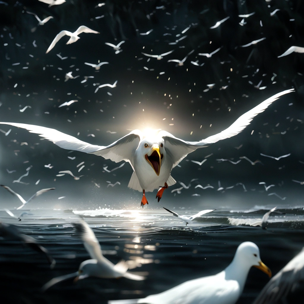 Seagull , beautiful, stunning realistic photograph, Focus, High Detail, high quality, Faster than the speed of light , 8K, Movie, , complex, Volumetric Lighting, beautiful, Blur jungle background,
