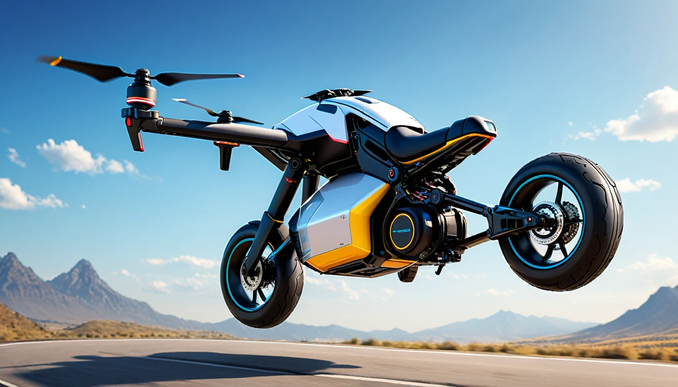 an illustration rich in details of a drone adapted as a motorcycle for transporting people