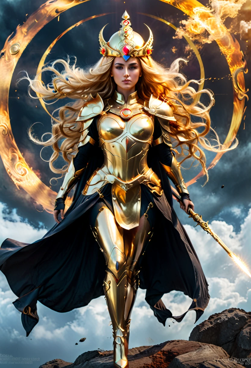 a tall lady warrior in perfect body proportion, perfect face, perfect body, third eye in front-head, futuristic royal regalia-cloak, very long-golden hair, blowing hair, weapon-armor-google helmet, medusa head, one hand pointing the sky, high heels, chakra-golden rays surrounded, mystical aura, ethereal, wind element, death massive-flames in background, dark moon, unreal engine, cinema art photographic, cinematic motion picture, 8k, super detailed, bottom view, bottom camera angle
