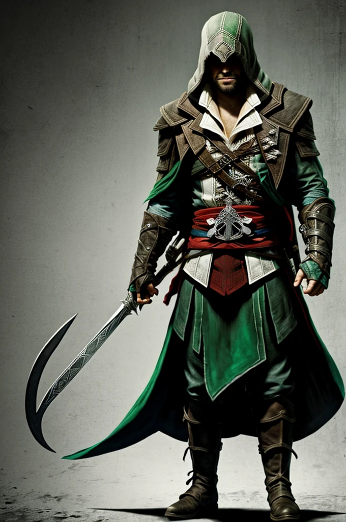 Assassin's Creed hombre color verde oscuro y sosteniendo una daga estilo  Sumi-e que diga Cap.1