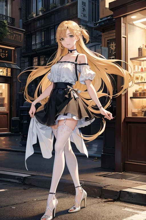 A beautiful young woman walking along the streets of Paris, wearing a short black skirt, a lace top, and transparent top, with long white stockings and high heels. She has blonde hair and a coquettish smile, her features highly detailed and realistic. The artwork is a masterpiece, with an intricate level of detail, 8K resolution, and ultra-realistic photorealistic quality. The lighting is professional and cinematic, with a warm color palette and natural lighting, creating a captivating and visually stunning composition.