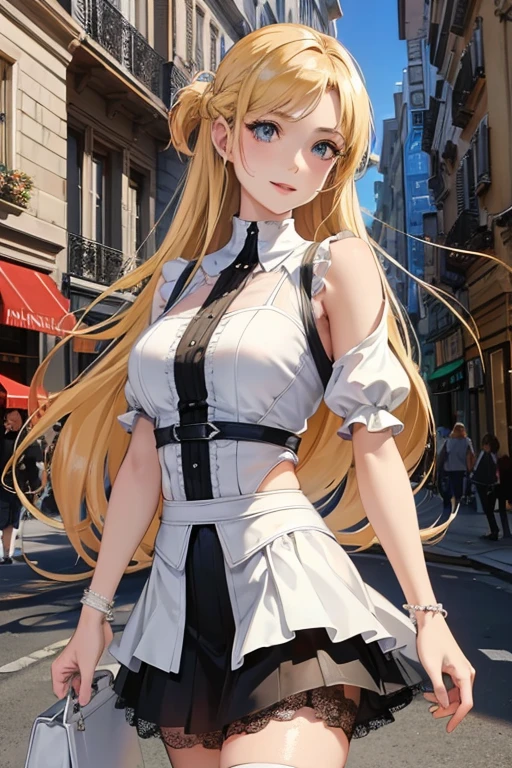 A beautiful young woman walking along the streets of Paris, wearing a short black skirt, a lace top, and transparent top, with long white stockings and high heels. She has blonde hair and a coquettish smile, her features highly detailed and realistic. The artwork is a masterpiece, with an intricate level of detail, 8K resolution, and ultra-realistic photorealistic quality. The lighting is professional and cinematic, with a warm color palette and natural lighting, creating a captivating and visually stunning composition.