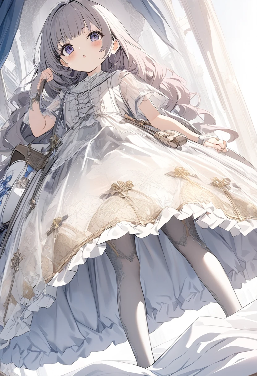 (Highly detailed CG Octane render 8k wallpaper), The most beautiful works of art in the world, Full body shot from below, Complex, High detail, 8Year old girl, Gold and silver embroidery, Grey Pearl Medieval Mini Dress(With panniers), Translucent fabric, Pull up your skirt, Strong winds, Translucent slip, Grey translucent tights, Peeking from below, Highest quality, Disorder of clothing, Lying down, underwear, Show off your thighs, night