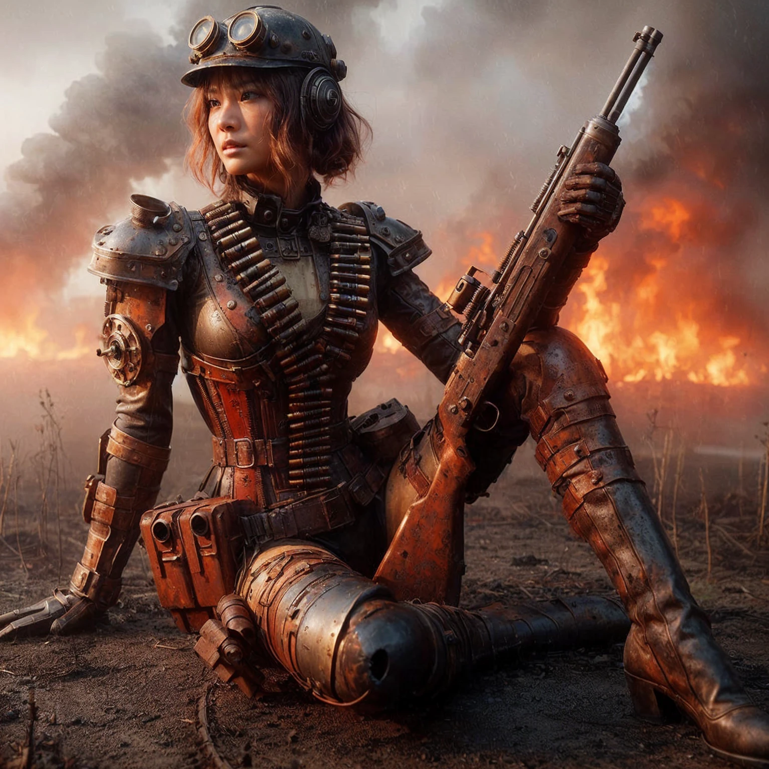 (masterpiece, best quality:1.2), (8k uhd, 16k, 32k, ultra high res), realistic photo, ultra sharp photo result, HDR10, superrealism, (The main subject: Wide-angle lens), (steampunk:1.2), beautiful japanese female, (super beautiful face), legs, Power mechanical suit), (super intricate all details), (super realistic all textures), metallic yellow color, hydraulic cylinder, Rust, scars from previous battles, (steam engine like),cinematic poses in motion, Rain, humidity, jungle