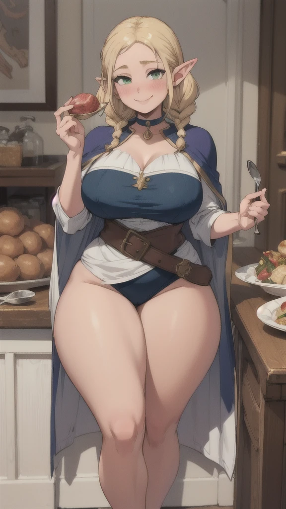 ((masterpiece,best quality)), absurdres,
Marcille_Donato_DungeonMeshi, 
1girl, solo, blonde hair, long hair, twin braids, elf, pointy ears, green eyes,
red choker, blue capelet, 
eating, plate, spoon
solo, smile,  blush, looking at viewer,(((thick thighs))) thin waist, gigantic breasts, 