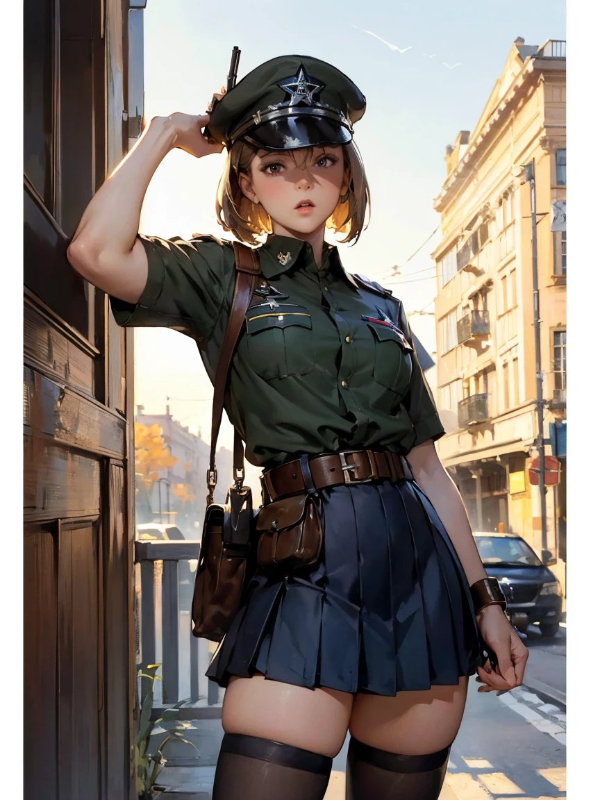 , photorealistic, 8k、Realistic Skin Texture、Superrealism、Automatic rifle、Dodgers cap masterpiece, best quality, highres
solo, 1girl, cowboy shot, :o
p38 \(girls' frontline\), p38original, brown hair, purple eyes, (garrison cap:1.2), military uniform, short sleeves, pleated skirt, belt pouch, iron cross medal, thighhighs, holding gun, handgun, walther art by (Carl Larsson:1.2),(post-Impressionist),,((oil painting)),soft lighting,COOL,cammy sf6, 1girl,solo,blonde hair, short hair,Absurd resolution, A high resolution, (tmasterpiece:1.4), ((gigantic braests)), ultra - detailed, 1girll, brown color eyes, cabelos preto e longos,Wear a police uniform and a short skirt, the city street,sexyposture, The camera is close to the body