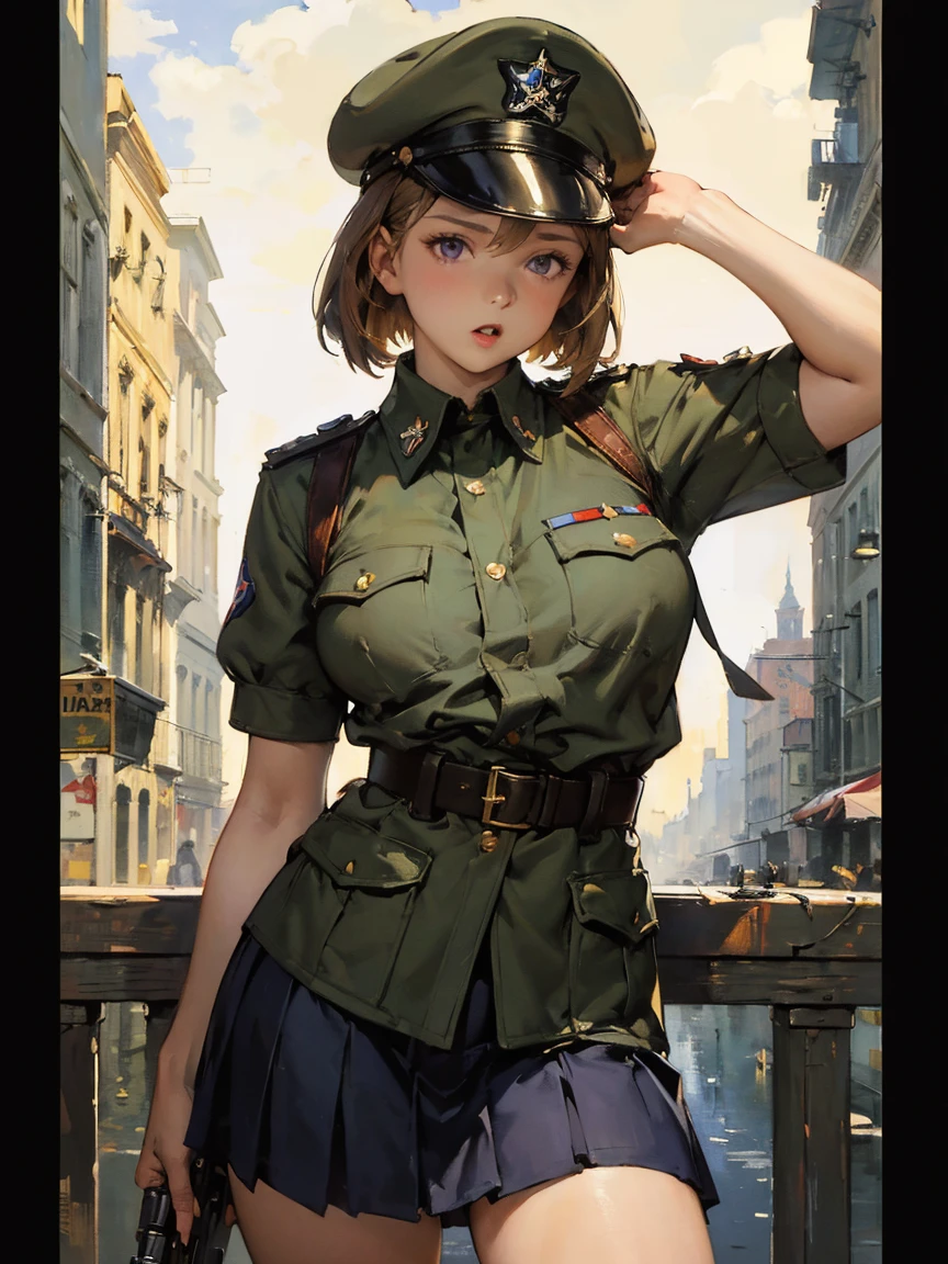 , photorealistic, 8k、Realistic Skin Texture、Superrealism、Automatic rifle、Dodgers cap masterpiece, best quality, highres
solo, 1girl, cowboy shot, :o
p38 \(girls' frontline\), p38original, brown hair, purple eyes, (garrison cap:1.2), military uniform, short sleeves, pleated skirt, belt pouch, iron cross medal, thighhighs, holding gun, handgun, walther art by (Carl Larsson:1.2),(post-Impressionist),,((oil painting)),soft lighting,COOL,cammy sf6, 1girl,solo,blonde hair, short hair,Absurd resolution, A high resolution, (tmasterpiece:1.4), ((gigantic braests)), ultra - detailed, 1girll, brown color eyes, cabelos preto e longos,Wear a police uniform and a short skirt, the city street,sexyposture, The camera is close to the body