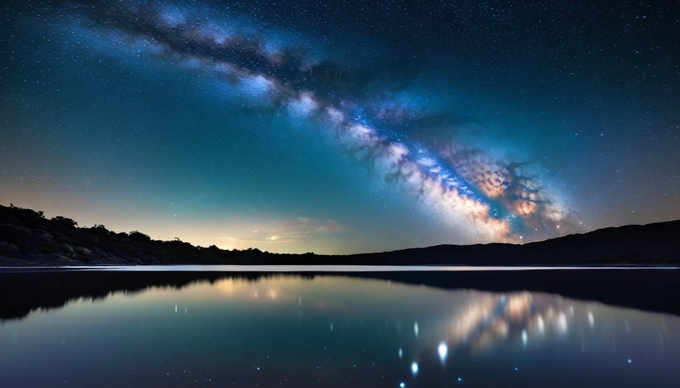 A captivating night sky filled with stars and the Milky Way galaxy over a calm, reflective body of water