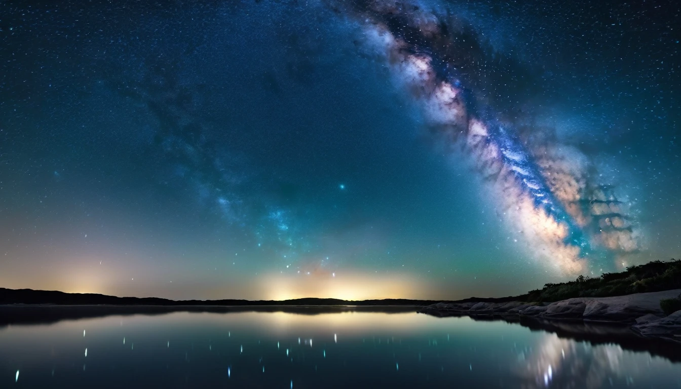 A captivating night sky filled with stars and the Milky Way galaxy over a calm, reflective body of water