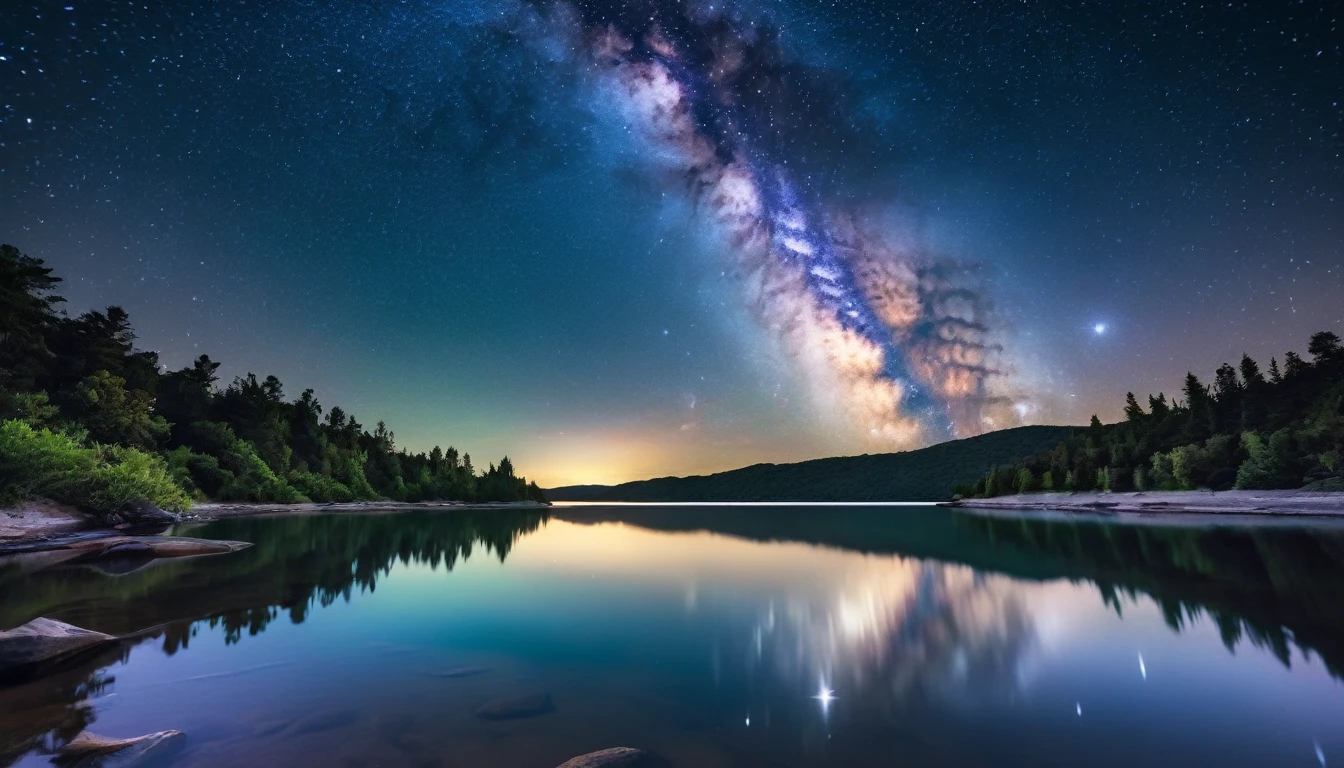 A captivating night sky filled with stars and the Milky Way galaxy over a calm, reflective body of water