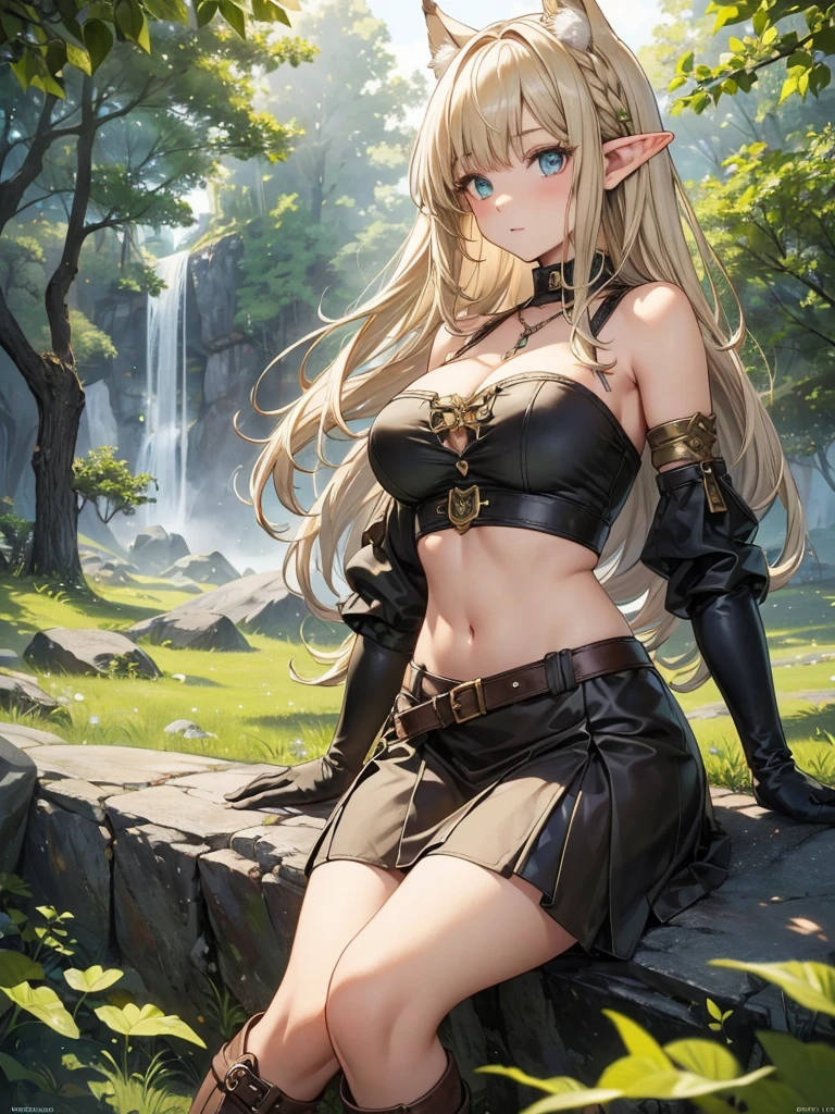 (Just one person) Features: A adventurer, fair-skinned elven woman, with elven ears, a curvy body, a thin waist, very large large bust, and wide hips. She has big sapphire blues eyes. Her hair is long blonde wolfcut style and half up half down with long curtain bangs and side bangs. Her expression is neutral. Outfit: She wears a adventurer's brown leather over-the-knee boots with laces, adventurer's brown gloves with straps that reach the elbow, a brown leather strap with ties, a very short black skirt, a low-cut green shirt with ruffles at the neckline and at the ends of the short sleeves and a necklace with a greenish diamond pendant. Setting: The place around her is a pine forest with light green leaves. The terrain has large gray stones and green grass.