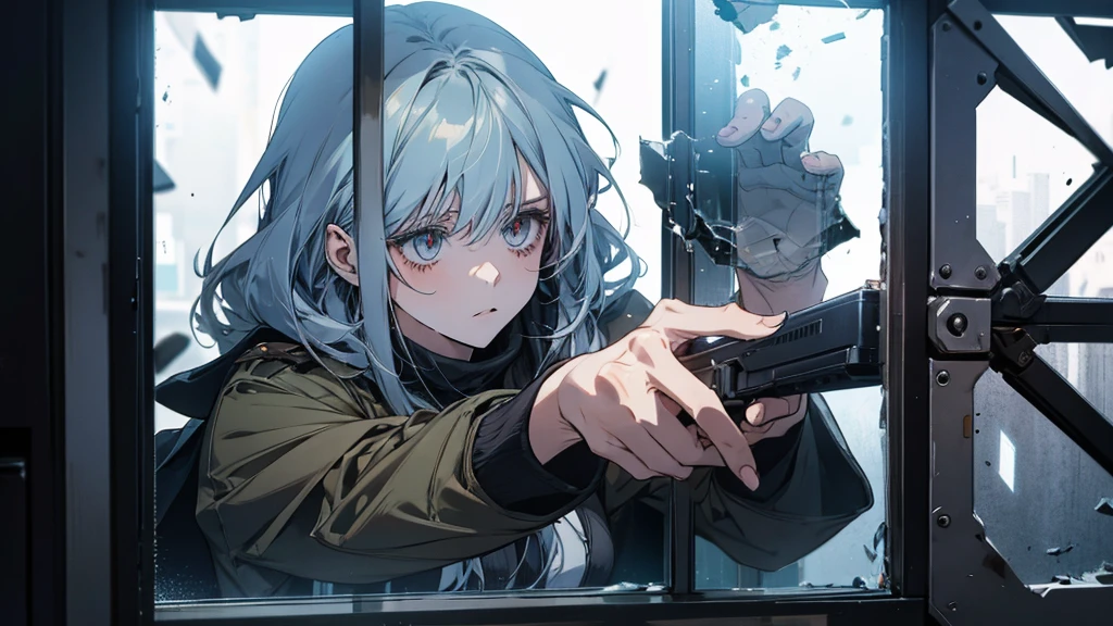 Anime girl with a gun、Looking through a broken glass window with a bullet in it, everyone, from Girls' Frontline, Fine details. Girls' Frontline, Anime Machine Gun Shooting, Girls' Frontline cg, Anime Bullet VFX, Railgun, Gweitz, Girls' Frontline style, Girls' Frontline, anime shot, Female Action Anime Girl, 4K Manga Wallpapers, With a pistol, makoto shinka
