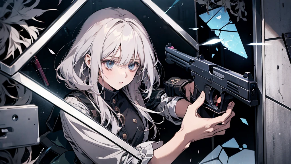 Anime girl with a gun、Looking through a broken glass window with a bullet in it, everyone, from Girls&#39; Frontline, Fine details. Girls&#39; Frontline, Anime Machine Gun Shooting, Girls&#39; Frontline cg, Anime Bullet VFX, Railgun, Gweitz, Girls&#39; Frontline style, Girls&#39; Frontline, anime shot, Female Action Anime Girl, 4K Manga Wallpapers, With a pistol, makoto shinka