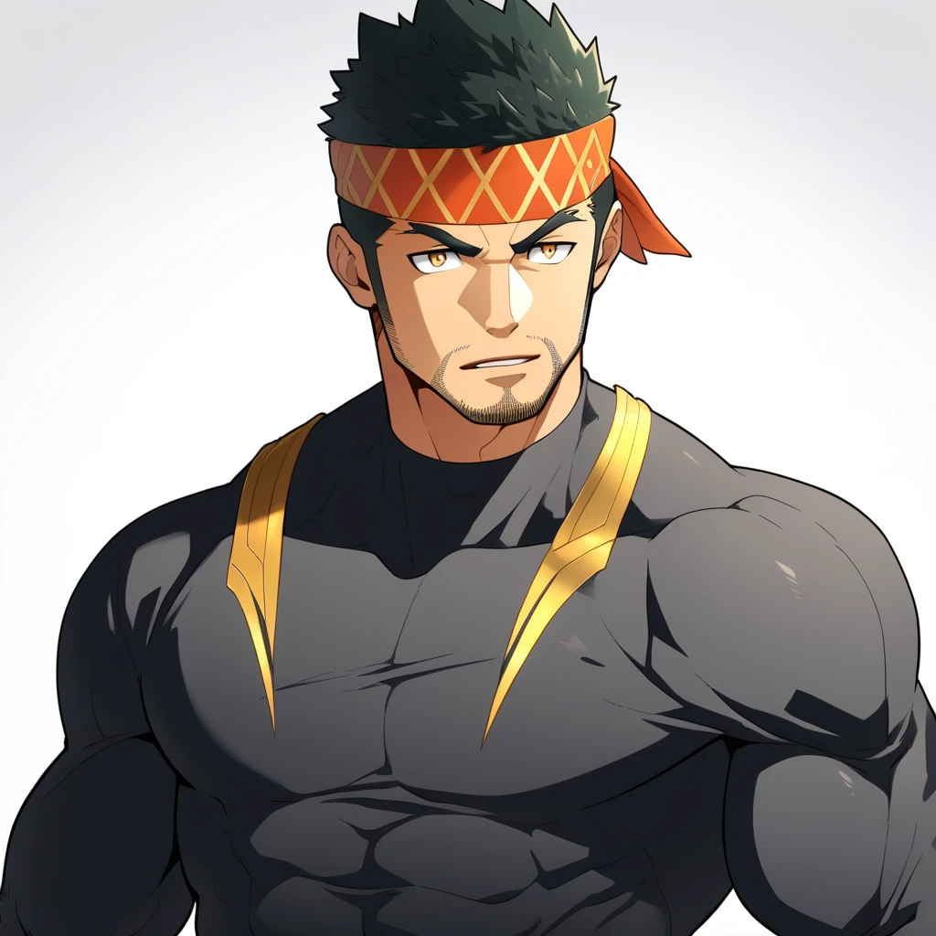 one negro, anime characters：Gyee, Priapus, 1 muscle man, negro black skin, Very Black, muscular tough guy, Manliness, sports headband, male focus, Grey long sleeve turtleneck tight t-shirt, Regular symmetrical pattern, Very tight, muscular male, muscular, only, Upper body, alone, Black short hair, Thick eyebrows, stubble, Brown eyes, White background, simple background, amazing quality, best aesthetics, Ridiculous, bright pupils, crew cut, parted lips, v-shaped eyebrows, jitome, best quality