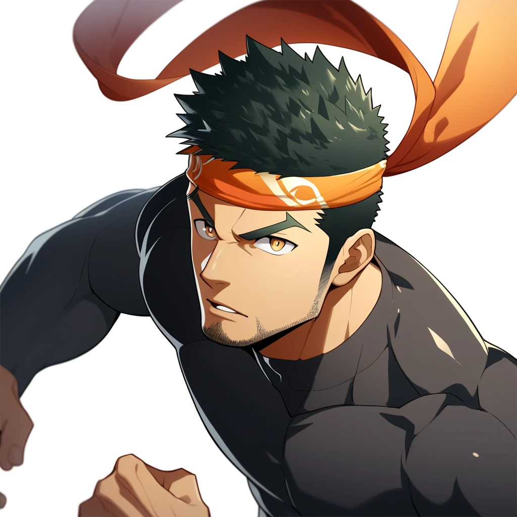 one negro, anime characters:Gyee, Priapus, 1 muscle man, negro black skin, Very Black, muscular tough guy, Manliness, sports headband, male focus, Grey long sleeve turtleneck tight t-shirt, Regular symmetrical pattern, Very tight, muscular male, muscular, only, Upper body, alone, Black short hair, Thick eyebrows, stubble, Brown eyes, White background, simple background, amazing quality, best aesthetics, Ridiculous, bright pupils, crew cut, parted lips, v-shaped eyebrows, jitome, best quality