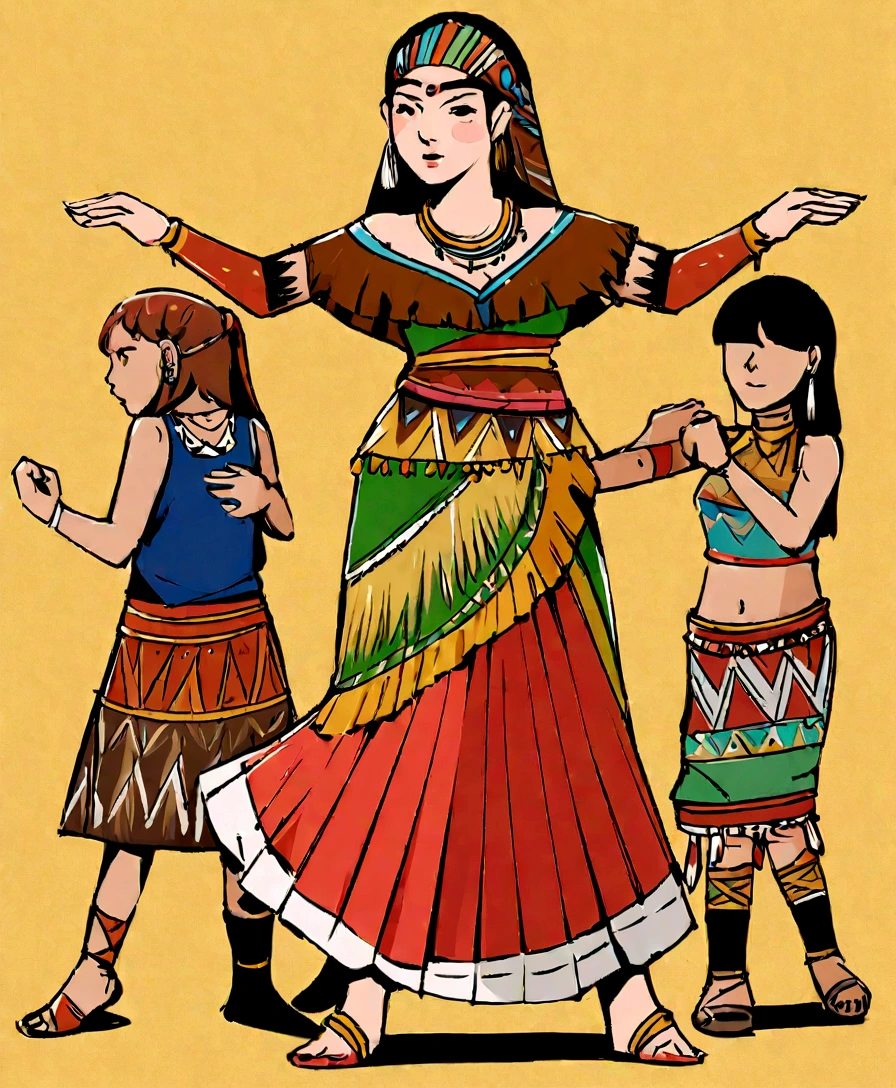 perky woman in a colorful dress with a long flowing skirt, Desenho digital, desenhado no Microsoft Paint, folk illustration, desenho colorido, cheio de cores, character dancing, desenho colorido, folk, desenho colorido, tribal dance, Folclore mexicano, uma pintura digital expressiva, arte digital, conceptual piece, arte digital - w 700, cheio de cores