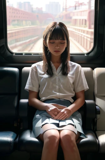 {{8k,to be born}},(Realistic:1.3), Shadowy Face, Written boundary depth, , Japanese commuter train bench seats
,Great art,(((Very detailed))),
{One girl sitting,bangs,女子高to be born},{sleep,close your eyes},{White panties,skirt},Open legs、
Cowboy Shot,from before
,(((Very detailed))),in the train, a young woman is sleep contentedly. Through the gap between her legs and skirt, I can see her panties. Because the car is shaking, A calm expression and gentle breathing create a calm atmosphere.....
,(((Very detailed)))