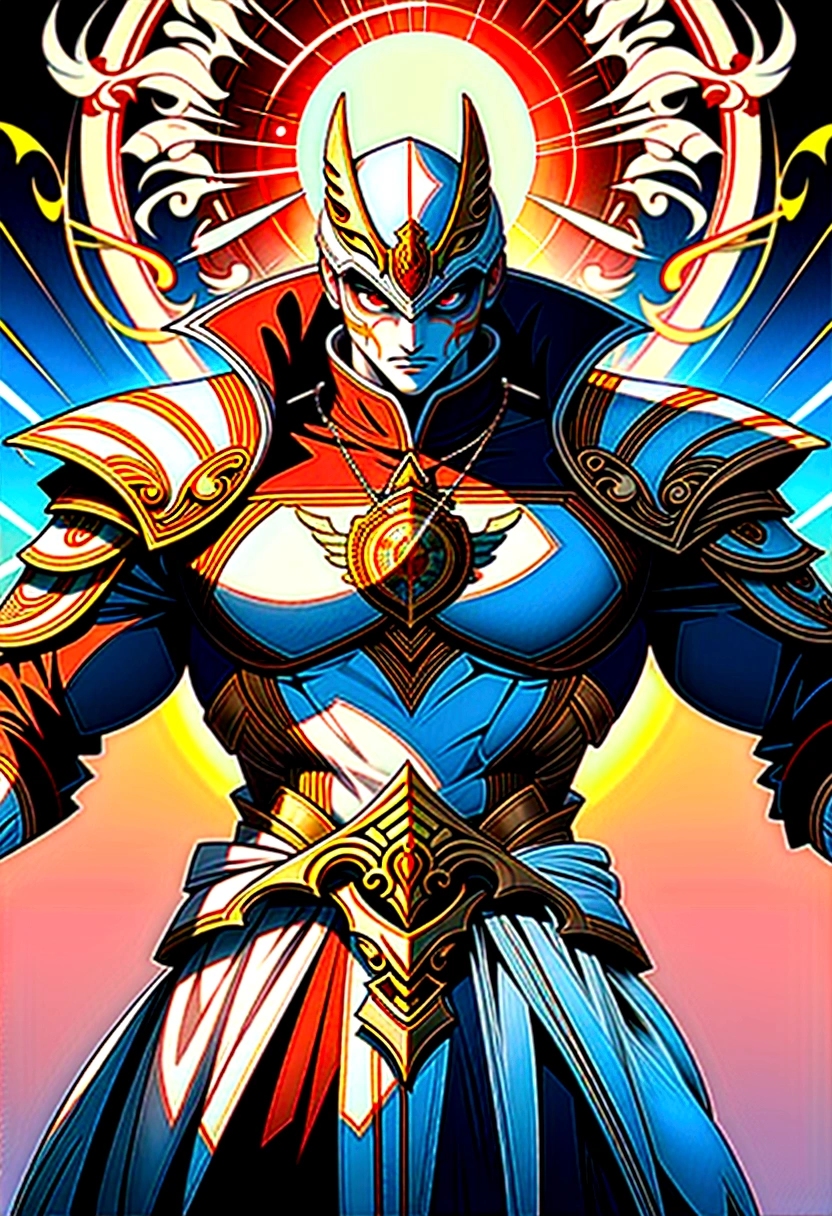 Homem lobo branco de armadura fechada com espada e escudo em meio ao um caos