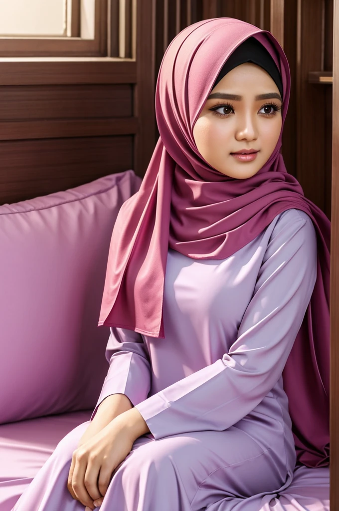 mira filzah seating and laughing, wearing baju kurung malaysia in nighttime city, (mira filzah:1.3), wearing hijab, pastel color hijab, small tits, small breast, flat chest, bright lighting,