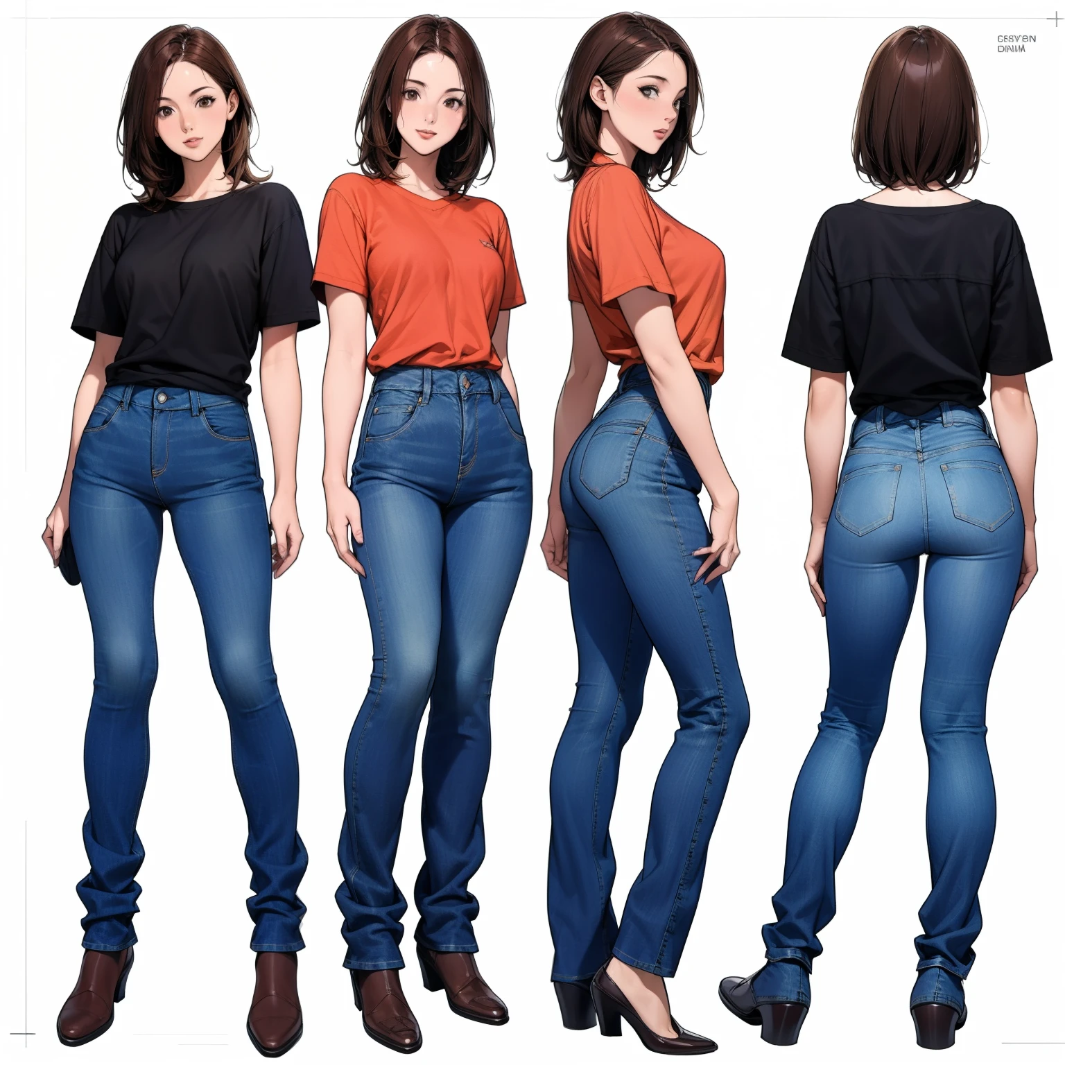 Detailed character sheet, Front view, Side view, Diagonal view, with a white returnground, show women, 30 years old, with short dark brown hair combed return, Wearing light casual clothing, Wearing tight denim jeans. The seat includes different angles, Front etc., return, and Side views, Model sheets and reference sheets, Full-body painting. Proportions are based on a 7.5 head scale.