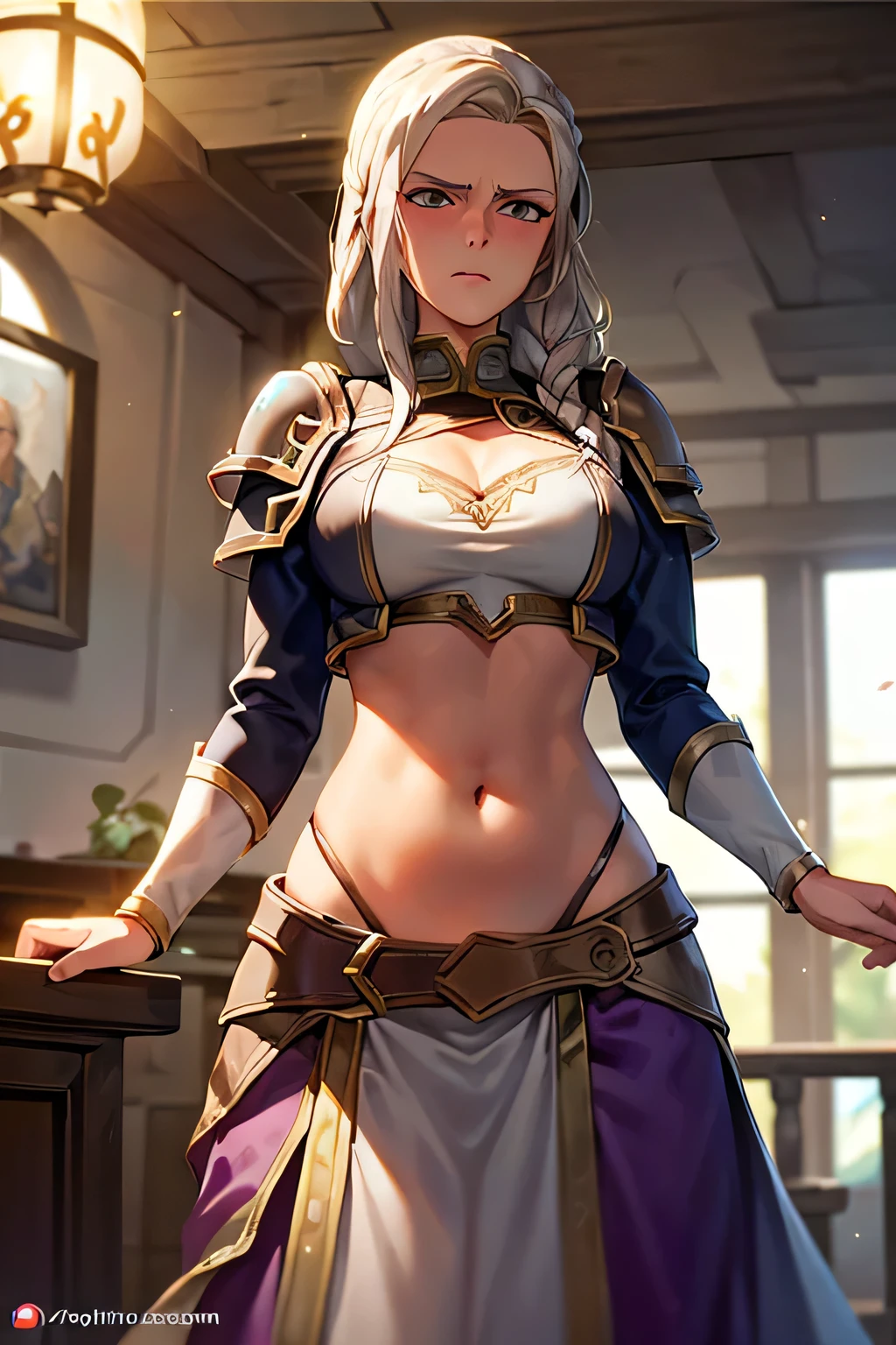 super fine illustration, vibrant colors, masterpiece, sharp focus, best quality, depth of field, cinematic lighting, ultra detailed, 1girl, solo, blush, annoyed, belly button, navel , midriff, hips, waist cloth, long skirt, long sleeves, jaina proudmoore, looking down, warcraft, world of warcraft, WOWjaina, young jaina, shoulder pads armor, silver breastplate