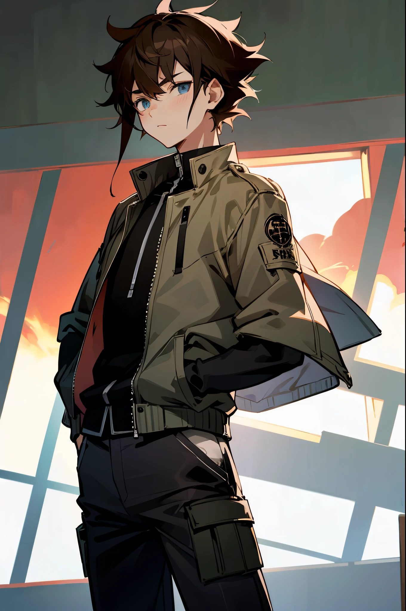 anime, boy, Brown hair, short hair, blue eyes, stylish jacket, black pants,arms in pockets