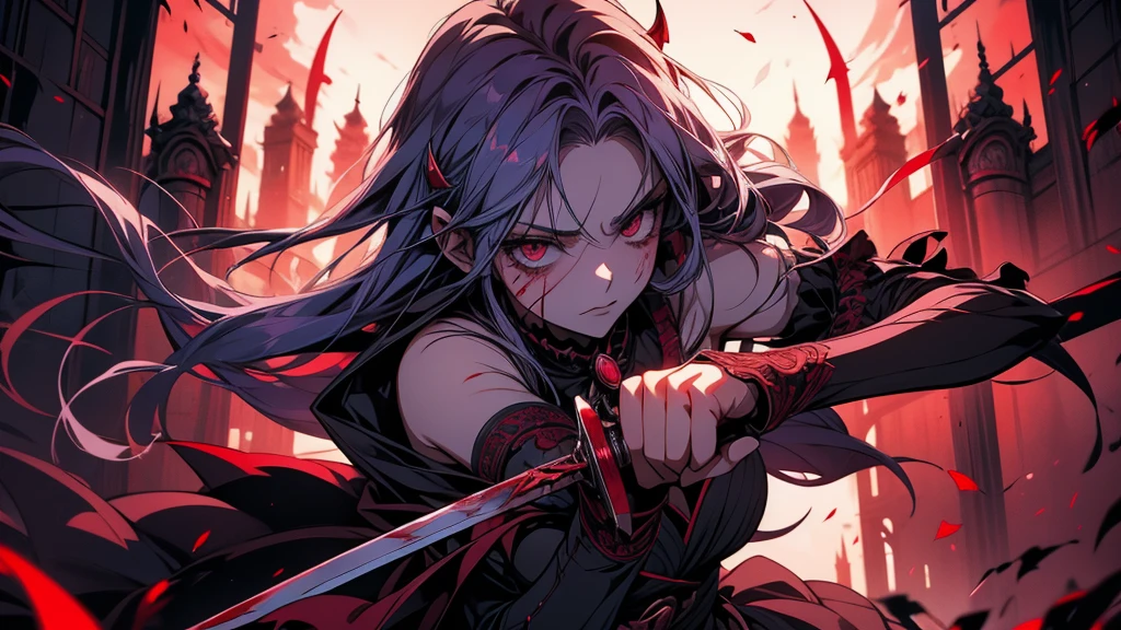 Anime girl with blood on her body holding knife and sword, gapmoe Yandere grimdark, Yandere, gapmoe Yandere, Yandere intricate, inspired By Ren, By Ren, Yandere. expensive, Devil Anime Girl, Spectacular anime style, Gothic Maiden Anime Girl, Shalltear Bloodfallen