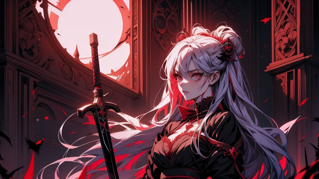 Anime girl with blood on her body holding knife and sword, gapmoe Yandere grimdark, Yandere, gapmoe Yandere, Yandere intricate, inspired By Ren, By Ren, Yandere. expensive, Devil Anime Girl, Spectacular anime style, Gothic Maiden Anime Girl, Shalltear Bloodfallen