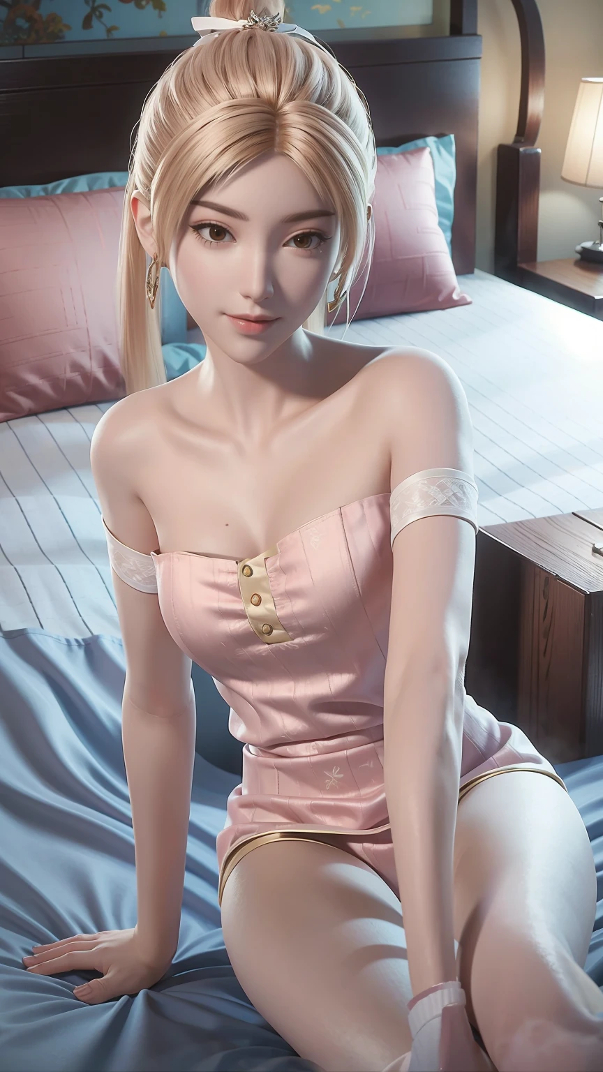 一个女孩Lying in bed，Wearing pink suspender pajamas，Face up，Raise your legs slightly，Front view super detailed beautiful big breasted girl . Ultra HD, 4k, 8K, Movie，whole body，Lying down，Long legs，Very big breasts，whole body捕捉，（（（Lying in bed））），（（（whole bodyLying in bed））），Pink bed，Off-shoulder，Shoulder-length skirt，Lying in bed，Sleeping on the pillow，Lying down，Headrest pillows，（（（平Lying in bed））），whole body平Lying in bed