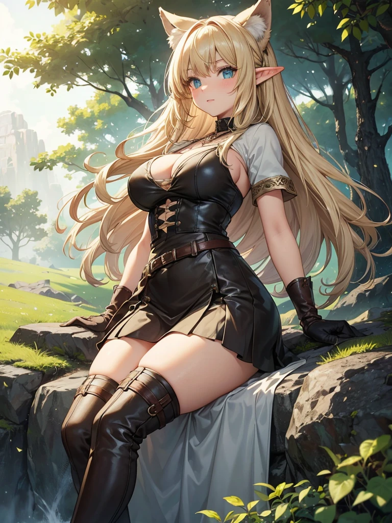 (Just one person) Features: A adventurer, fair-skinned elven woman, with elven ears, a curvy body, a thin waist, very large large bust, and wide hips. She has big sapphire blues eyes. Her hair is long blonde wolfcut style and half up half down with long curtain bangs and side bangs. Her expression is neutral. Outfit: She wears a adventurer's brown leather over-the-knee boots with laces, adventurer's brown gloves with straps that reach the elbow, a brown leather strap with ties, a very short black skirt, a low-cut green shirt with ruffles at the neckline and at the ends of the short sleeves and a necklace with a greenish diamond pendant. Setting: The place around her is a pine forest with light green leaves. The terrain has large gray stones and green grass.
