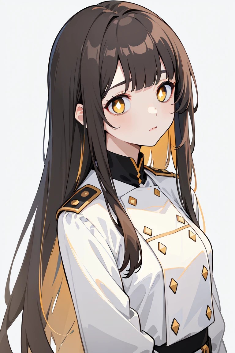 (masterpiece, best quality, ultra high quality:1.1), ((portrait)), 1girl, solo, mature with long hair, black hair, straight hair, blunt bangs, ((light yellow eyes, white pupils)), ((white pupils)), neutral, innexpressive, sad, naval uniform with red highlights, upper body, standing, hands behind back, isometric lightning, white background, simple background