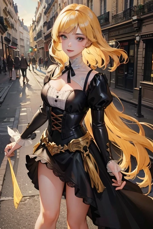 A beautiful young woman walking along the streets of Paris, wearing a short black skirt, a lace top, and transparent top, with long white stockings and high heels. She has blonde hair and a coquettish smile, her features highly detailed and realistic. The artwork is a masterpiece, with an intricate level of detail, 8K resolution, and ultra-realistic photorealistic quality. The lighting is professional and cinematic, with a warm color palette and natural lighting, creating a captivating and visually stunning composition.