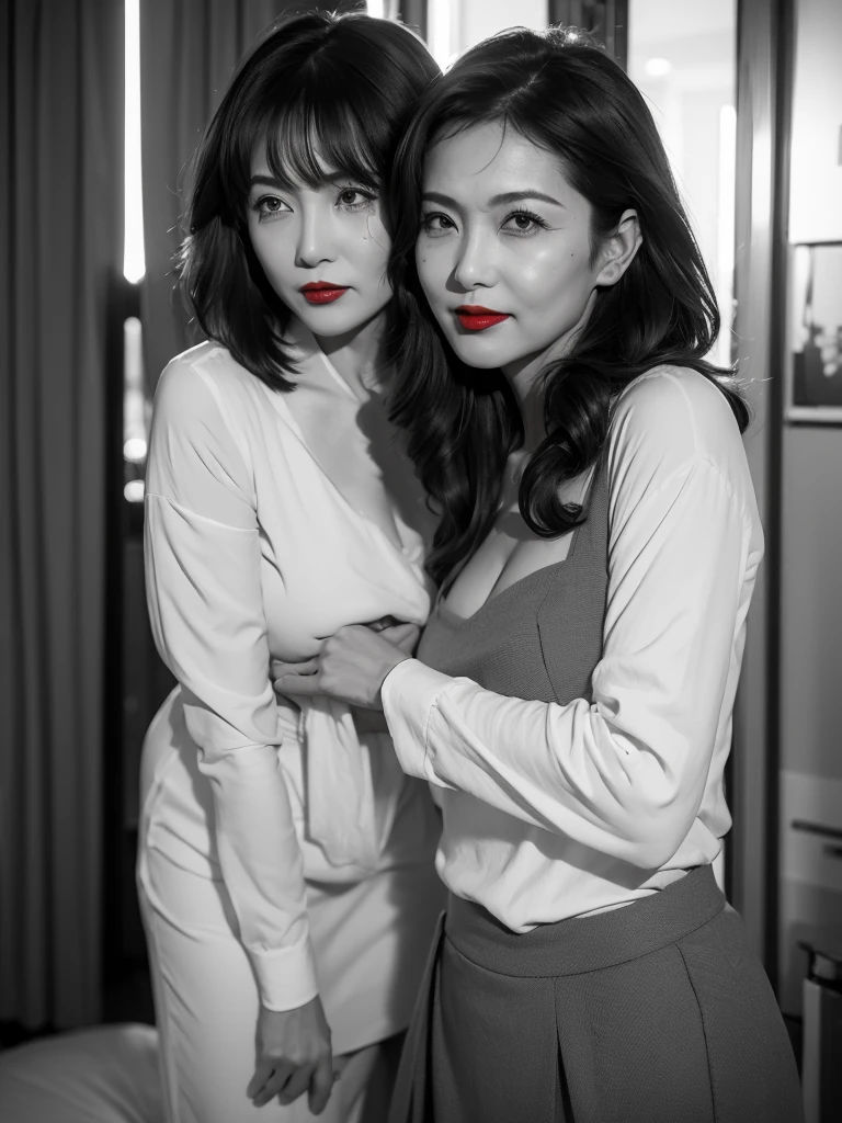 NSFW, ((highest quality)), ((8K)), ((masterpiece:1.3)), (perfect look), (photorealism:1.6), (TI, JMA), (walking woman), (Japanese woman shopping), (A shopping mall where many people go), clear background, (grayscale: 1.6), japanese woman, 47 years old, ((Realistic skin texture)), (Fine wrinkles throughout the skin), (Dull skin), (Skin without moisture) , (Wrinkles on the face:), (Wrinkles on the corners of the eyes), Double eyelids, tear bags on the lower eyelids, (Crying moles), The eyes are looking here, serious gaze, (Dimples), (short bangs), short hair, Long hair with curls at the tips, (hair falls over ears), smiling with the corners of the mouth raised, soft fabric blouse, wide sleeves, Cuffs that fit your wrist, long skirt, barefoot, hair fluttering in the wind, small breasts, BREAK(bright red lips: 1.6),BREAK (whole body: 1.4), Angle from feet: 1.4,