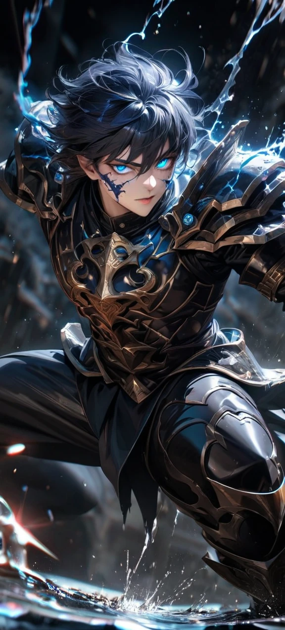 High quality, ultra realistic,absurdres, highres, ultra detailed, HDR, masterpiece, extremely detailed face and eyes, Sagitarius Seiya, Saint Saiya , Dark Armor, solo, ,man, handsome, ,white eyeleshes, blue eyes , villain expresion, black splashing effect, dark black lightning effect,glowing glitters , symetrical , black aura