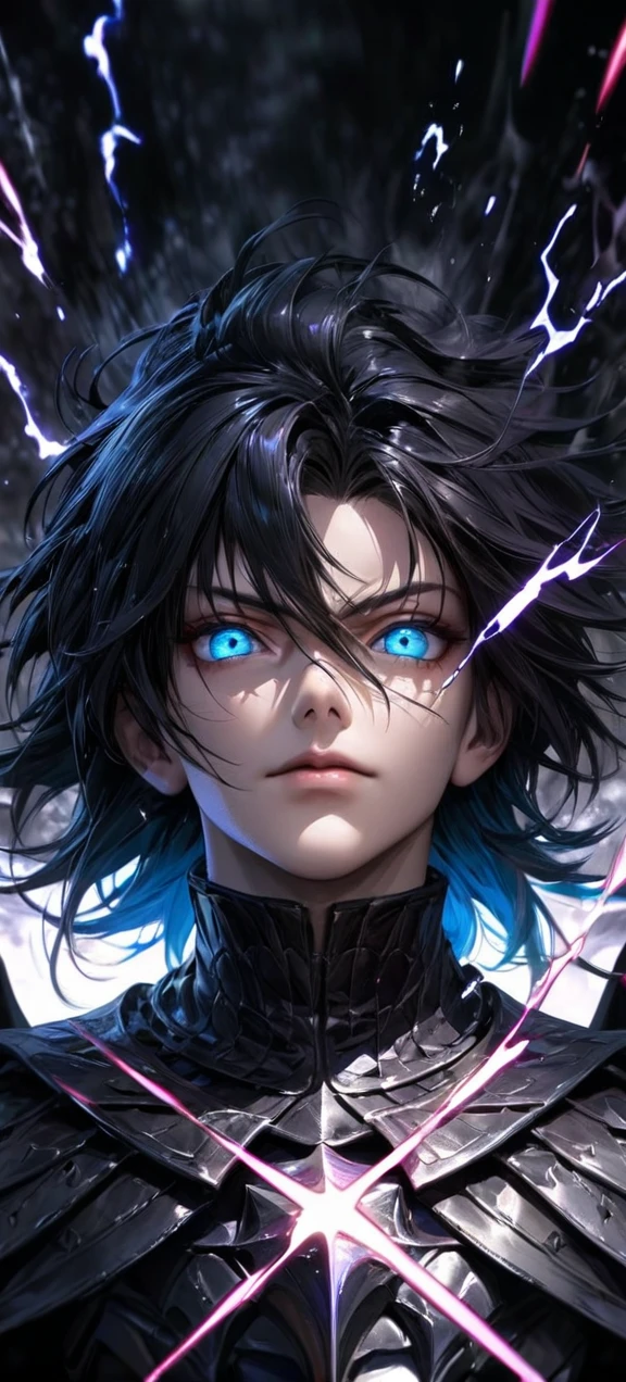  High quality, ultra realistic,absurdres, highres, ultra detailed, HDR, masterpiece, extremely detailed face and eyes,  Sagitarius Seiya, Saint Saiya , Dark Armor, solo, ,man, handsome, ,white eyeleshes, blue eyes , villain expresion, black splashing effect, dark black lightning  effect,glowing glitters , symetrical , black aura