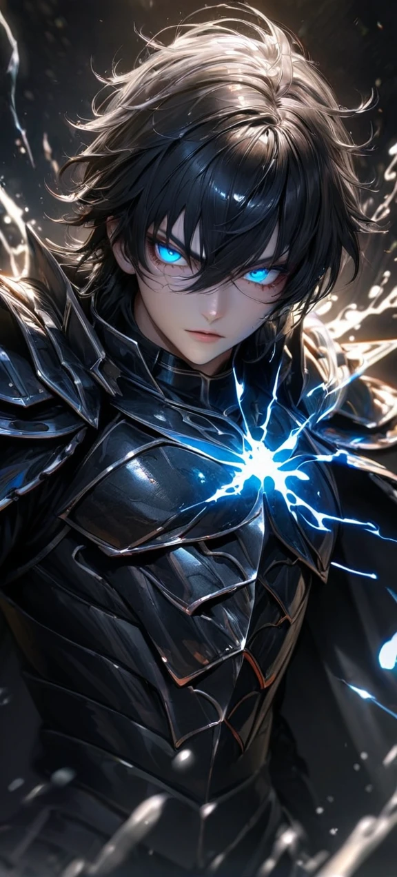  High quality, ultra realistic,absurdres, highres, ultra detailed, HDR, masterpiece, extremely detailed face and eyes,  Sagitarius Seiya, Saint Saiya , Dark Armor, solo, ,man, handsome, ,white eyeleshes, blue eyes , villain expresion, black splashing effect, dark black lightning  effect,glowing glitters , symetrical , black aura