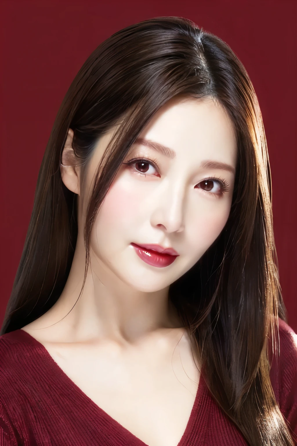 (Highest quality、Tabletop、8k、Best image quality、Award-winning works)、One beautiful woman、Beautiful and elegant long hair、Beautiful black hair、(alone:1.1)、(The perfect burgundy V-neck long sleeve knit:1.4)、(The simplest solid color background:1.4)、とてもLarge Breasts、Accentuate your body lines、Beautiful and exquisite、look at me、(Perfect Makeup:1.1)、Bright lipstick、Ultra-high definition beauty face、Ultra HD Hair、Ultra HD Shining Eyes、Super high quality glossy lip、Accurate anatomy、Very beautiful skin、Glowing skin in ultra-high resolution、An elegant upright posture when viewed from the front、(very bright and vivid:1.2)、(Slender body:1.2)、(Cleavage:1.1)、(Large Breasts:1.1)、Shiny, Bright lipstick、(Face close-up:1.3)、(50 year old mature woman:1.4)、(Wrinkled face:1.3)