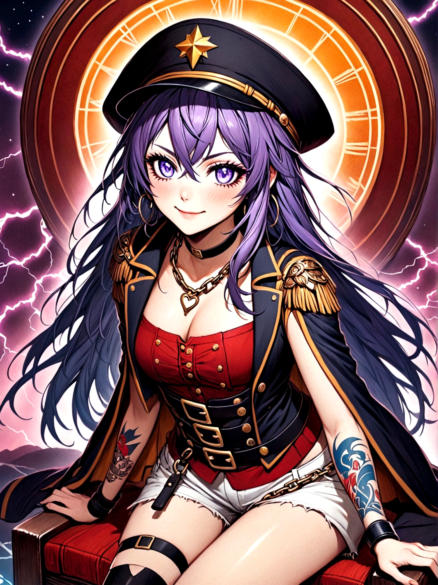 Top quality，Top image quality，masterpiece，girl，((18 years old，Cool Hats，Tattoo on the right shoulder，Black navel vest，White shorts，Best Bust，Bust 85，Purple Hair，Long hair，blue eyes，Open your heart，happiness，Chain accessories，Black wristband on wrist，sit on the chair，slim，Smile，With controller，Sexy pose，game耳机))，high quality，American comic book style，Background and((Neon colored room，game，game桌，game椅，game床，game机))，masterpiece，depth(lightning)