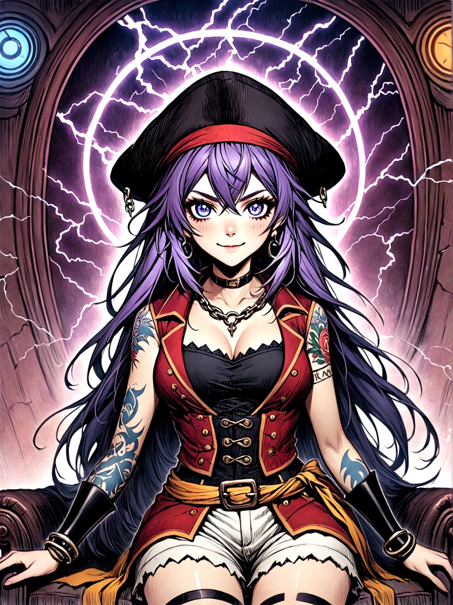 Top quality，Top image quality，masterpiece，girl，((18 years old，Cool Hats，Tattoo on the right shoulder，Black navel vest，White shorts，Best Bust，Bust 85，Purple Hair，Long hair，blue eyes，Open your heart，happiness，Chain accessories，Black wristband on wrist，sit on the chair，slim，Smile，With controller，Sexy pose，game耳机))，high quality，American comic book style，Background and((Neon colored room，game，game桌，game椅，game床，game机))，masterpiece，depth(lightning)