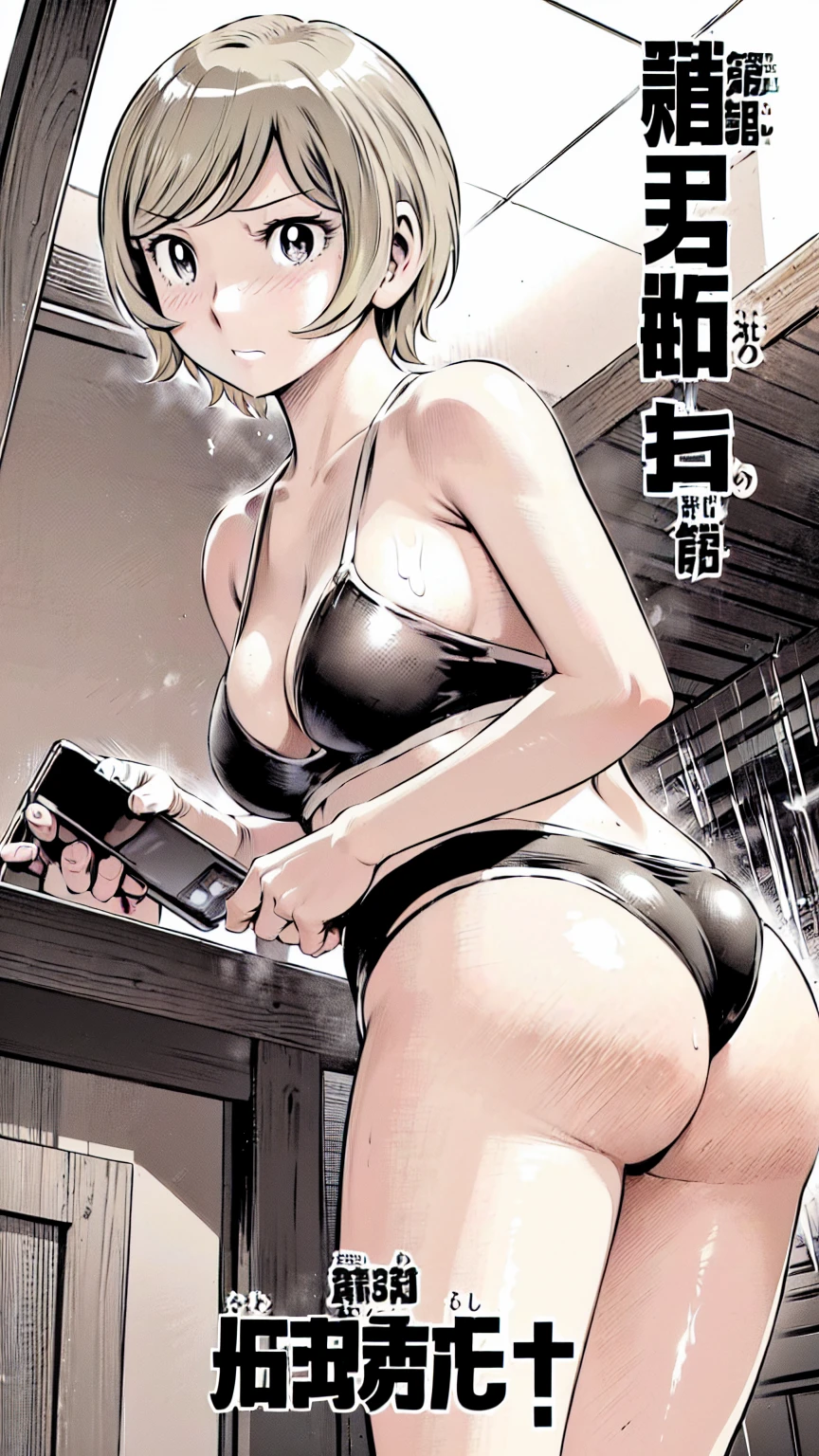 Black Micro Bikini、(masterpiece、Highest quality)、Highest quality, Ultra-high resolution, (((masterpiece))), alone, Sweat、Big eyes, Composition from the front、Shortcuts、Embarrassed face、Blonde Hair、Cut your hair short、School swimming pool、short hair、、((Browsing Caution、Exposing her ass、Backwards))