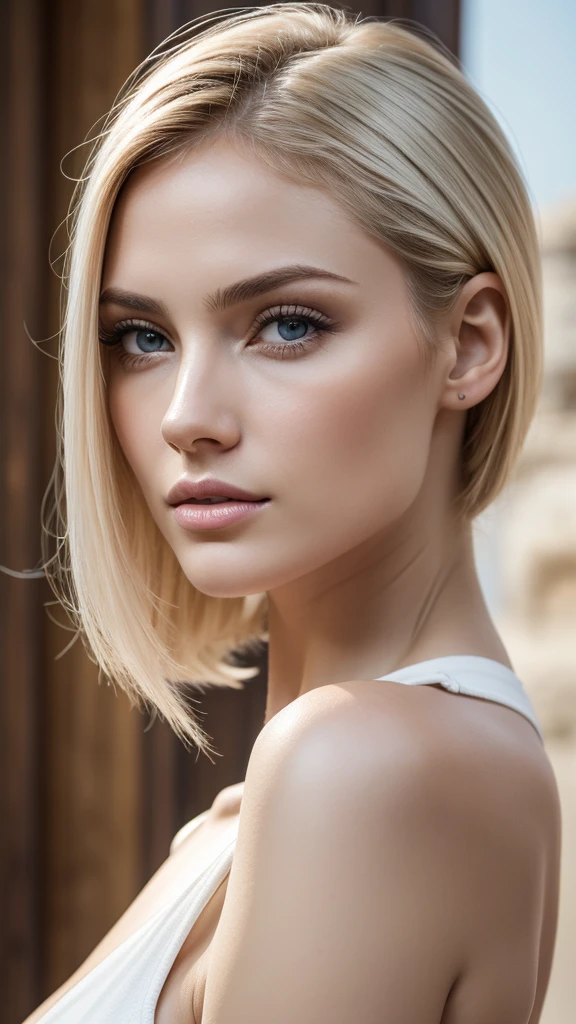 Pale skinned woman, cabelos negros e ondulados; olhos completamente negros; close no rosto
