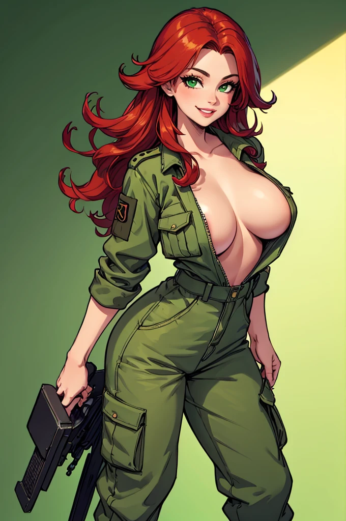 green solid background, 1 woman, best quality, ultra high res, long hair, red hair, green eyes, full lips, military overall jumpsuit, cargo pants, combat boots, smiling at viewers, double D breast, standing, full body picture, holding nothing