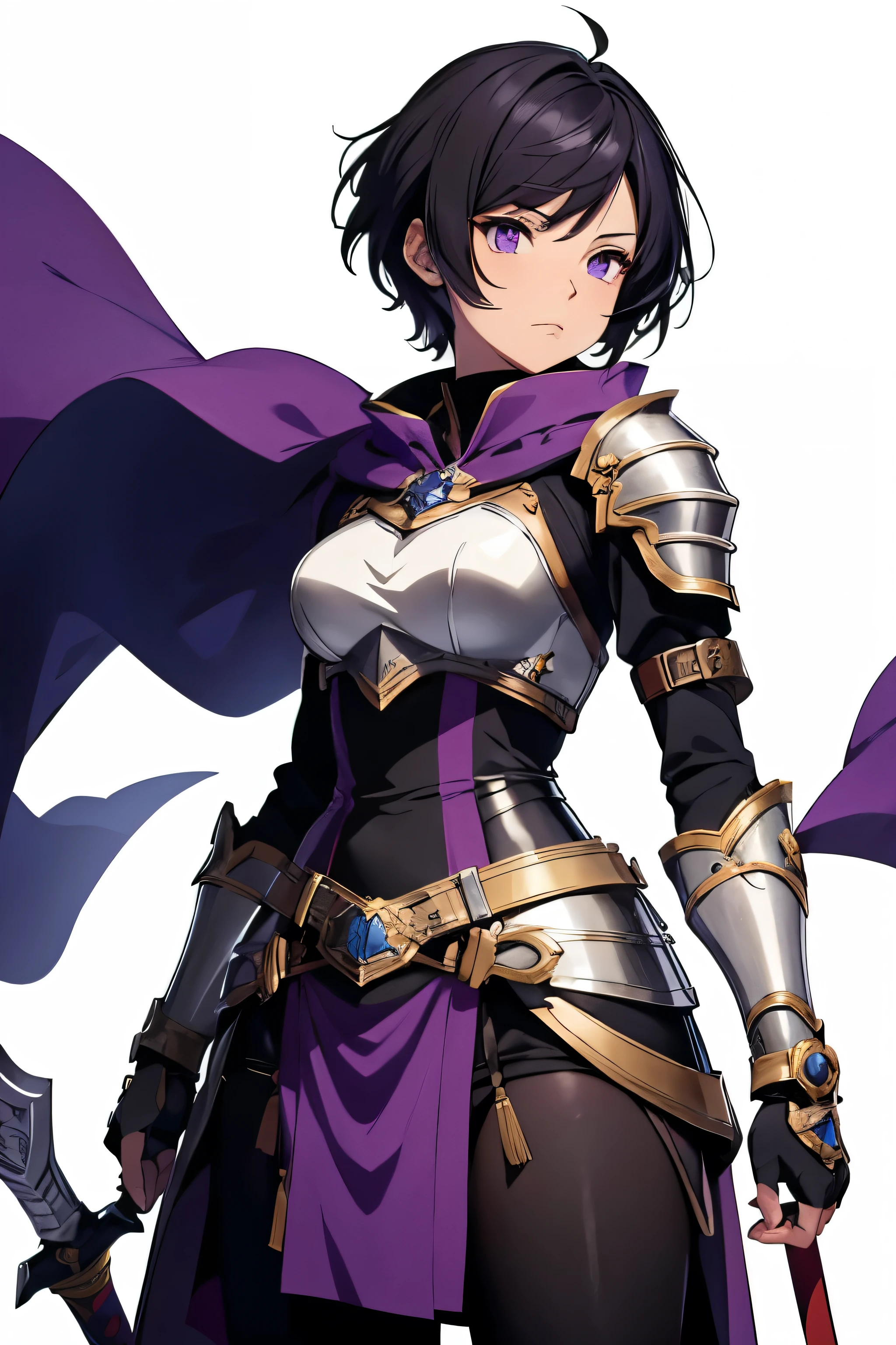 anime style, medieval anime, woman, knight wearing armor, confident expression, clenching her fist, short black hair like a boy's, small breasts, purple eyes, image from the waist up, white background, extremely detailed