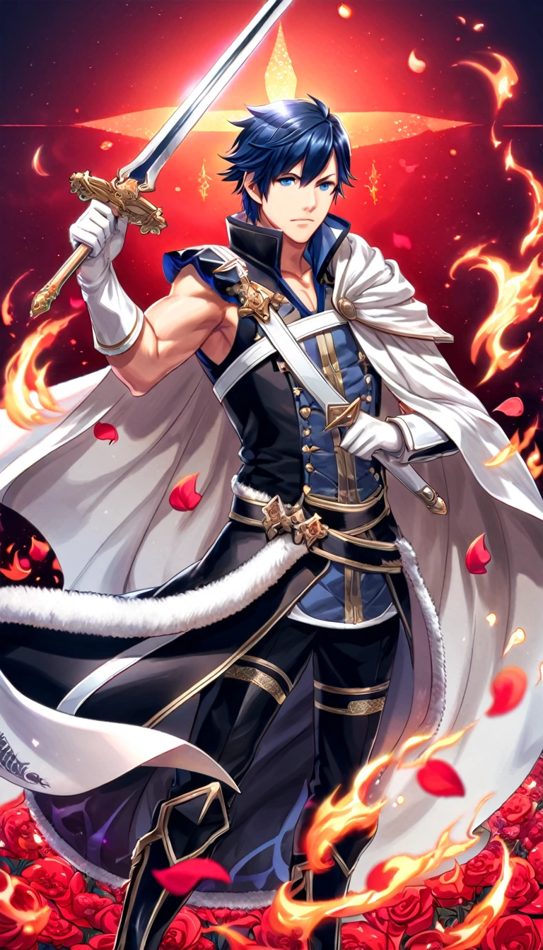absurdres, highres, ultra detailed, HDR, master piece, best quality, Chrom, dark blue hair, expressive blue eyes, fire emblem awakening, solo, sexy man holding a sword (Falchion), handsome, black prince clothes, white cape, white gloves, magical, fantasy, shining, red sky, red flowers, red blossoms, red butterflies, red petals