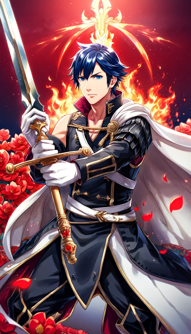 absurdres, highres, ultra detailed, HDR, master piece, best quality, Chrom, dark blue hair, expressive blue eyes, fire emblem awakening, solo, sexy man holding a sword (Falchion), handsome, black prince clothes, white cape, white gloves, magical, fantasy, shining, red sky, red flowers, red blossoms, red butterflies, red petals