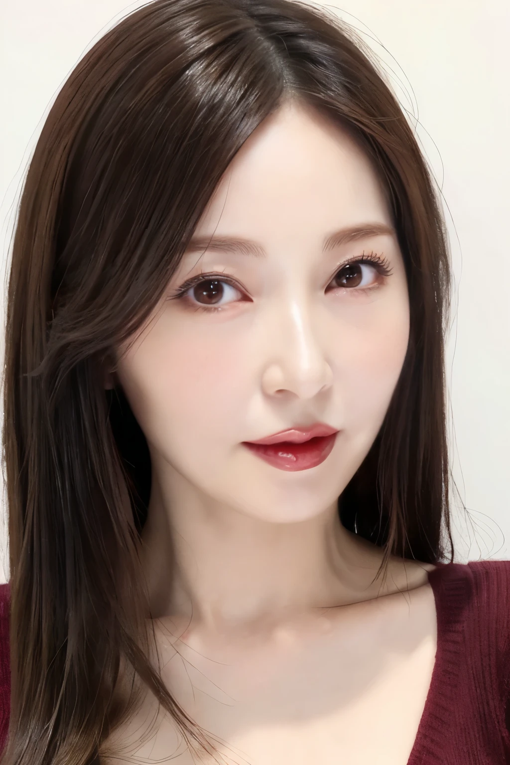 (Highest quality、Tabletop、8k、Best image quality、Award-winning works)、One beautiful woman、Beautiful and elegant long hair、Beautiful black hair、(alone:1.1)、(The perfect burgundy V-neck long sleeve knit:1.4)、(The simplest solid color background:1.4)、とてもLarge Breasts、Accentuate your body lines、Beautiful and exquisite、look at me、(Perfect Makeup:1.1)、Bright lipstick、Ultra-high definition beauty face、Ultra HD Hair、Ultra HD Shining Eyes、Super high quality glossy lip、Accurate anatomy、Very beautiful skin、Glowing skin in ultra-high resolution、An elegant upright posture when viewed from the front、(very bright and vivid:1.2)、(Slender body:1.2)、(Cleavage:1.1)、(Large Breasts:1.1)、Shiny, Bright lipstick、(Face close-up:1.3)、(50 year old mature woman:1.3)、(Wrinkled face:1.3)